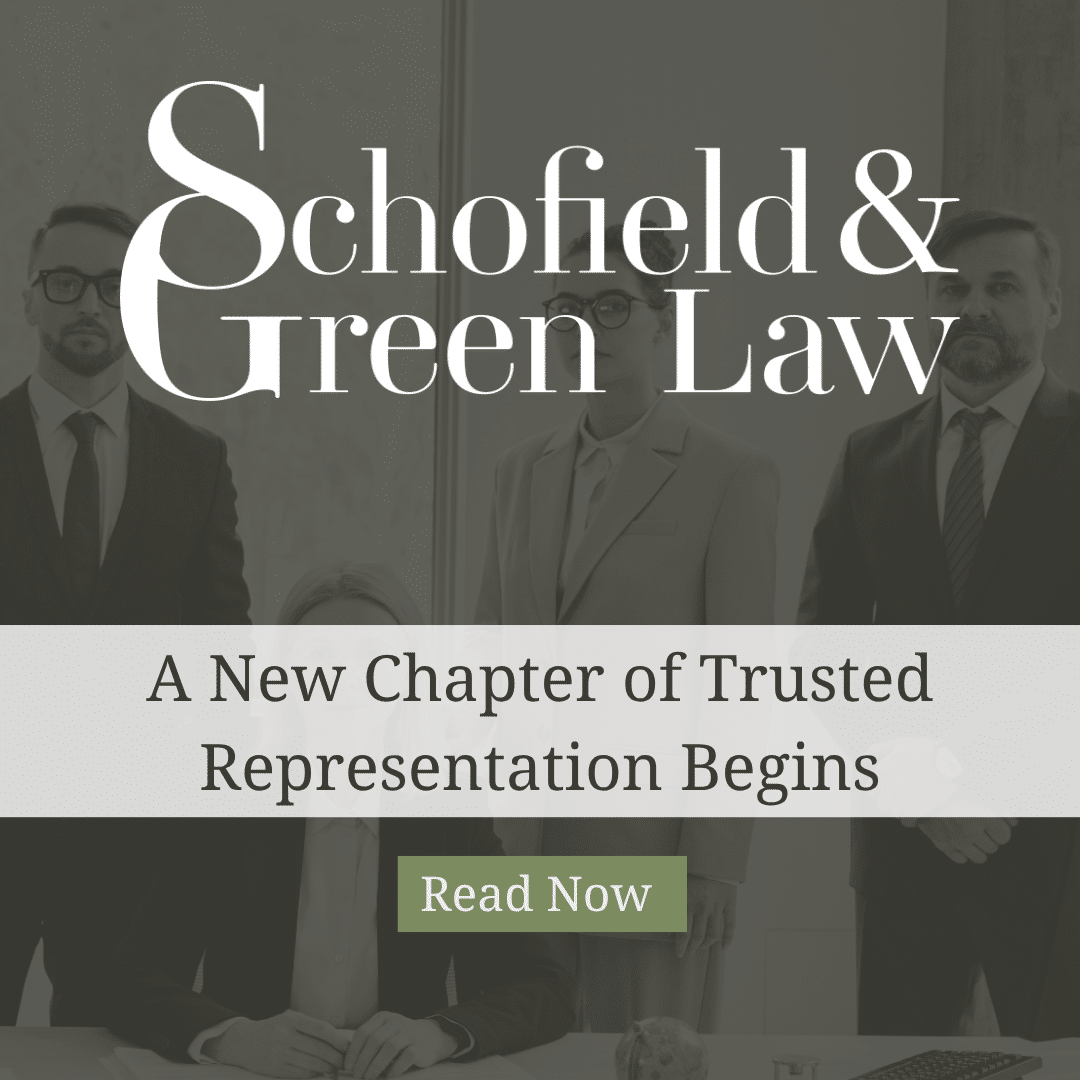 A blog graphic that includes a picture of lawyers and text that reads: Schofield & Green Law: A New Chapter of Trusted Representation Begins".